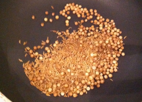 Frying Cumin seeds & Coriander seeds.
